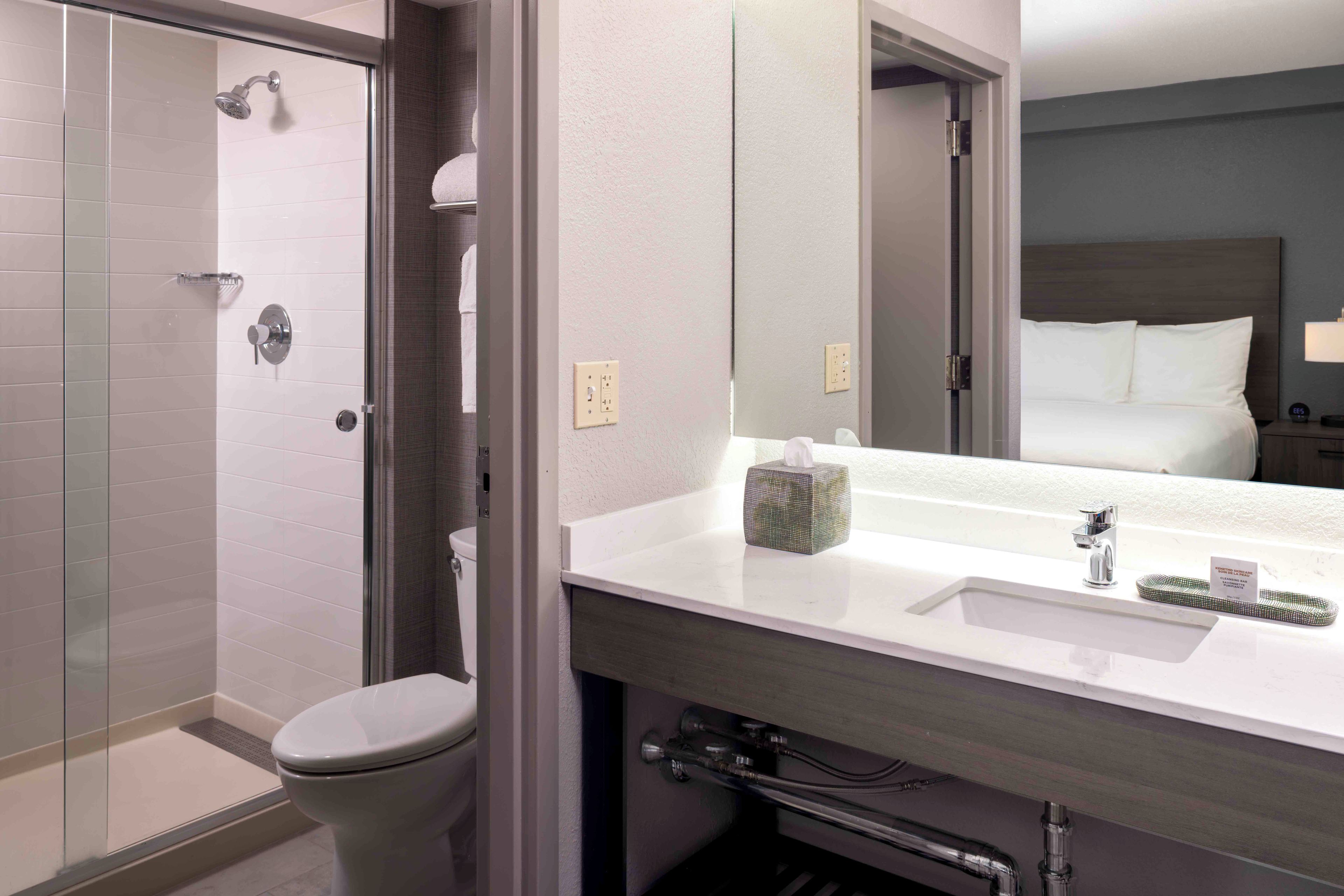 Une salle de bain moderne avec une douche à parois de verre, un lavabo blanc avec un miroir et des toilettes apparentes.