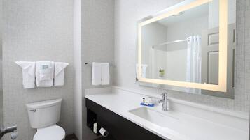 Hair dryer, towels, soap, shampoo