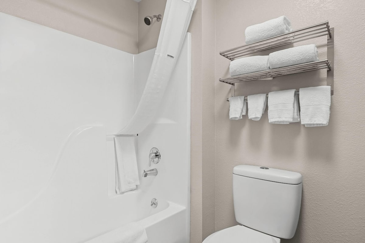 Combined shower/tub, hair dryer, towels
