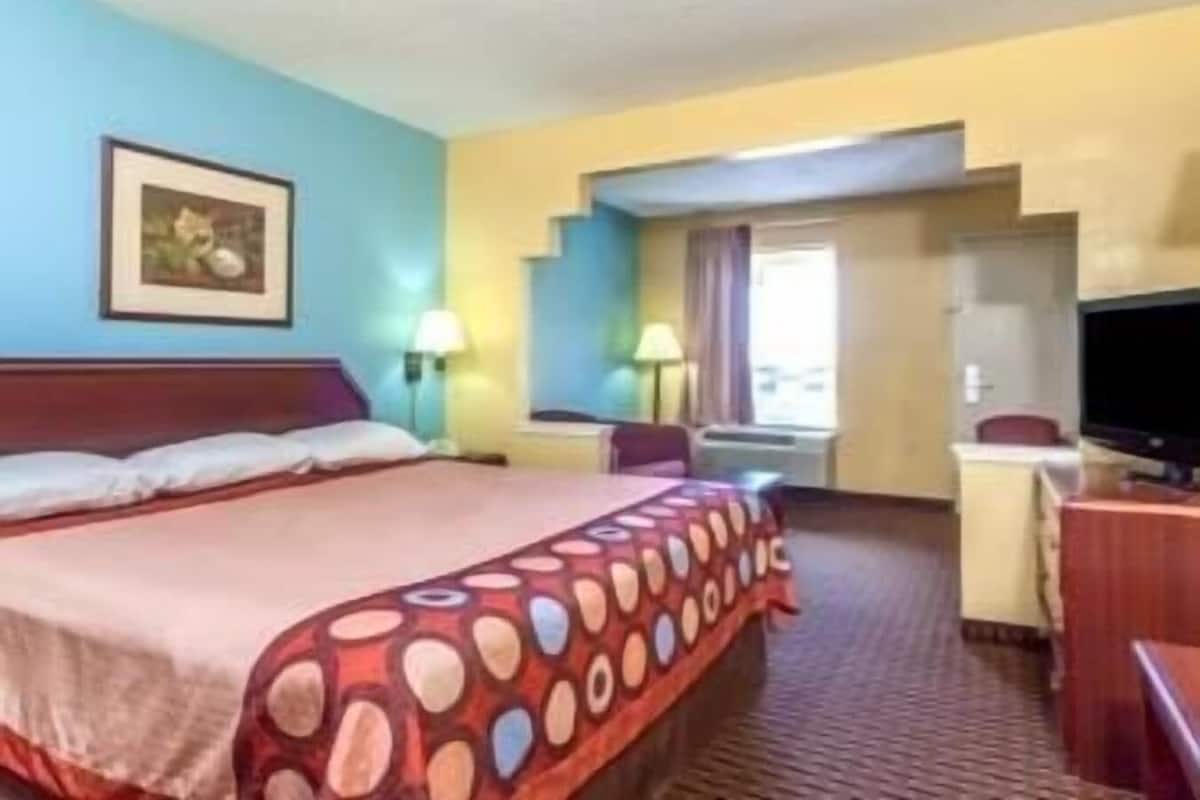 Une chambre d’hôtel avec un lit, un bureau, une chaise, une télévision et un tableau au mur.