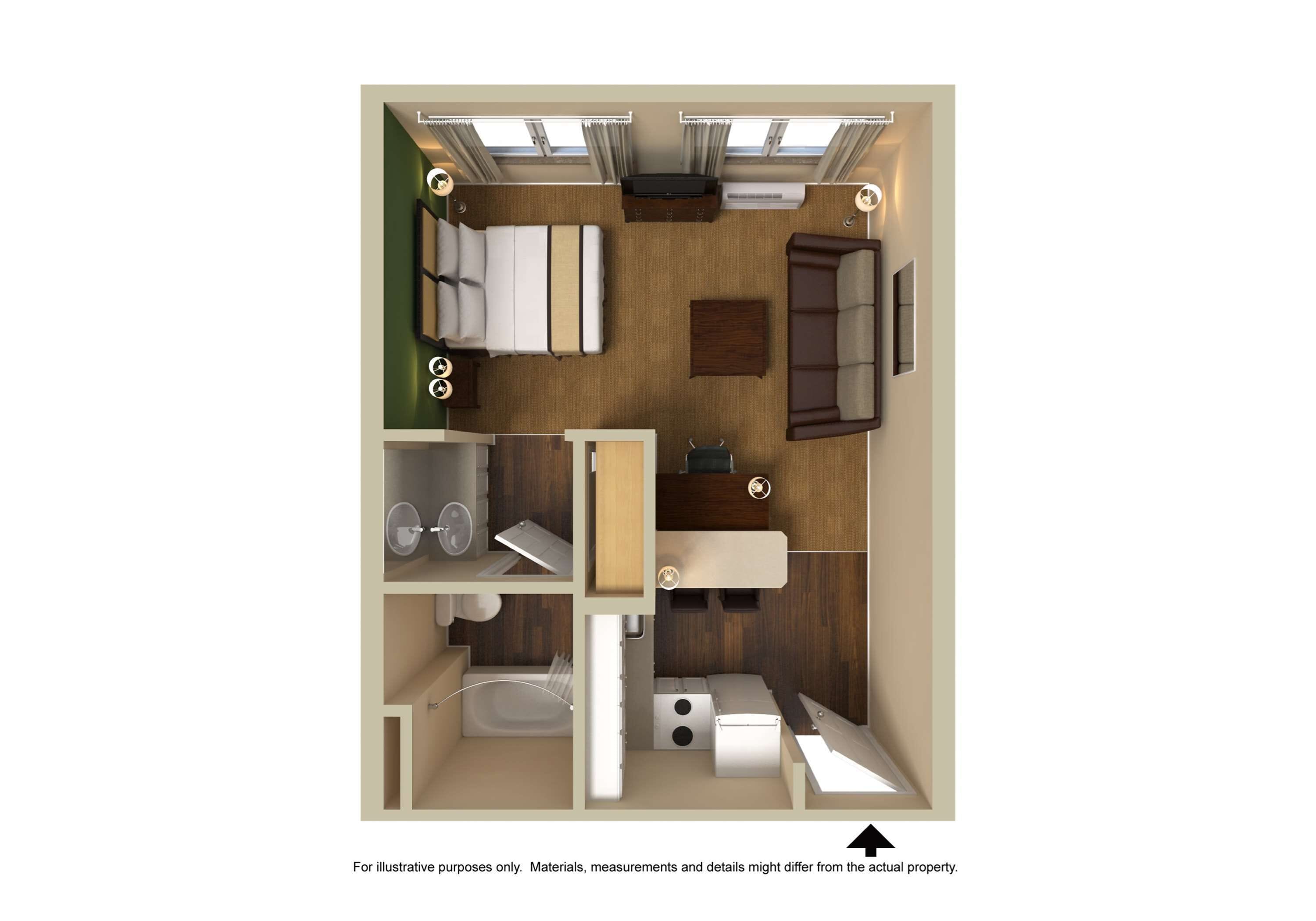 Plano de planta en 2D de una habitación de hotel compacta con cama, escritorio pequeño, zona de estar, baño y ventana.