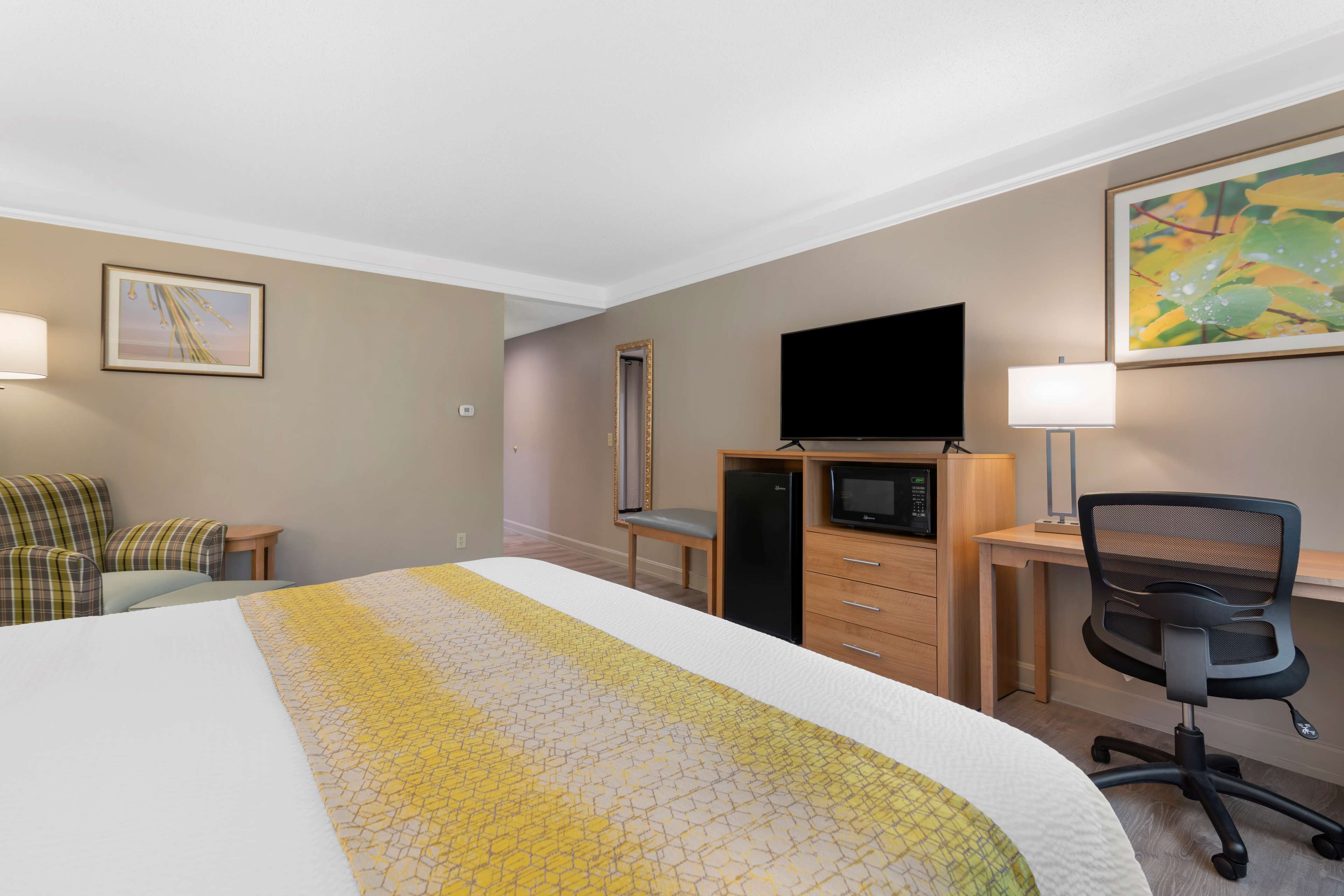 Camera d'albergo con un letto, una scrivania, una sedia, una televisione e una lampada da scrivania.