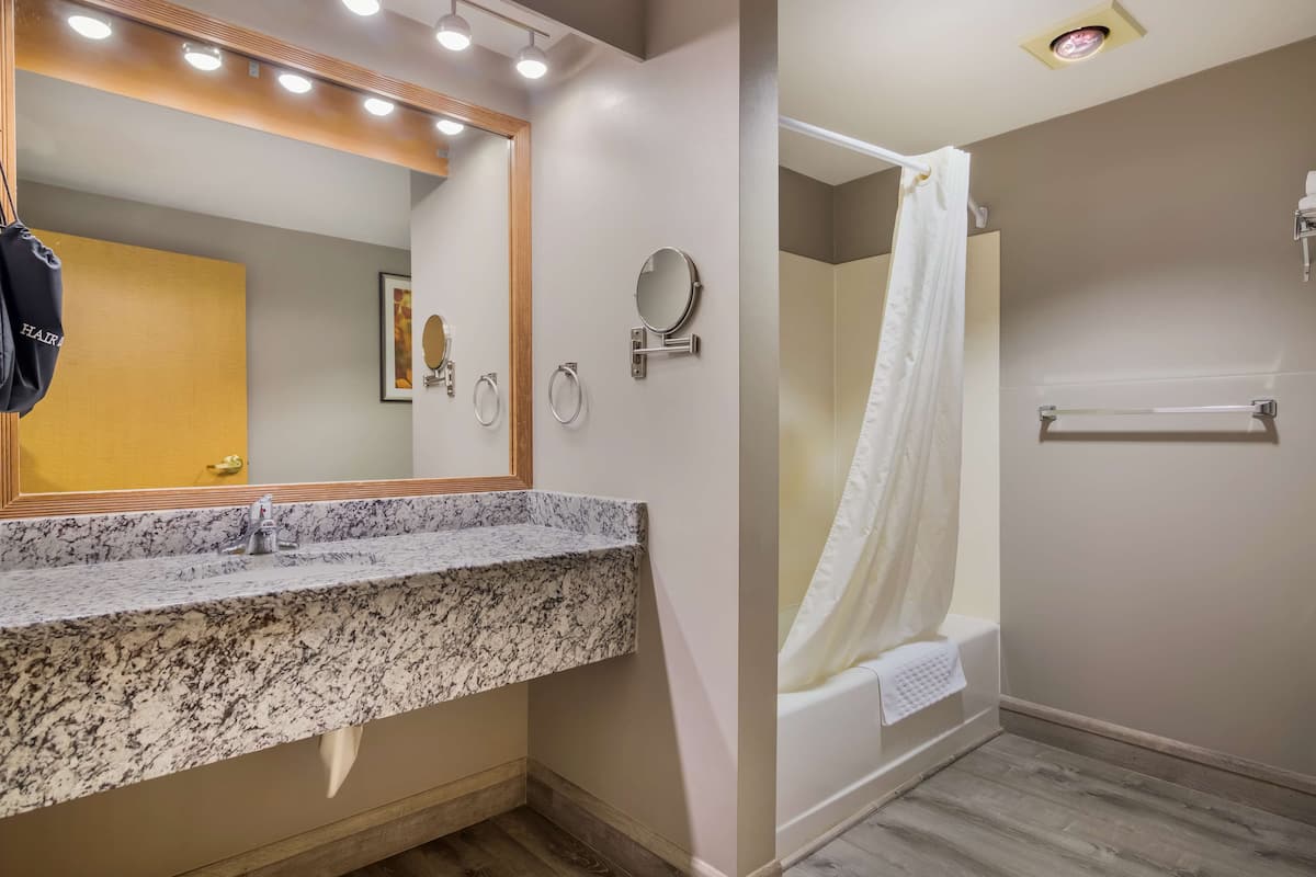 Suite, 1 King Bed, Non Smoking, Jetted Tub | Bathroom | Combined shower/tub, eco-friendly toiletries, hair dryer, towels