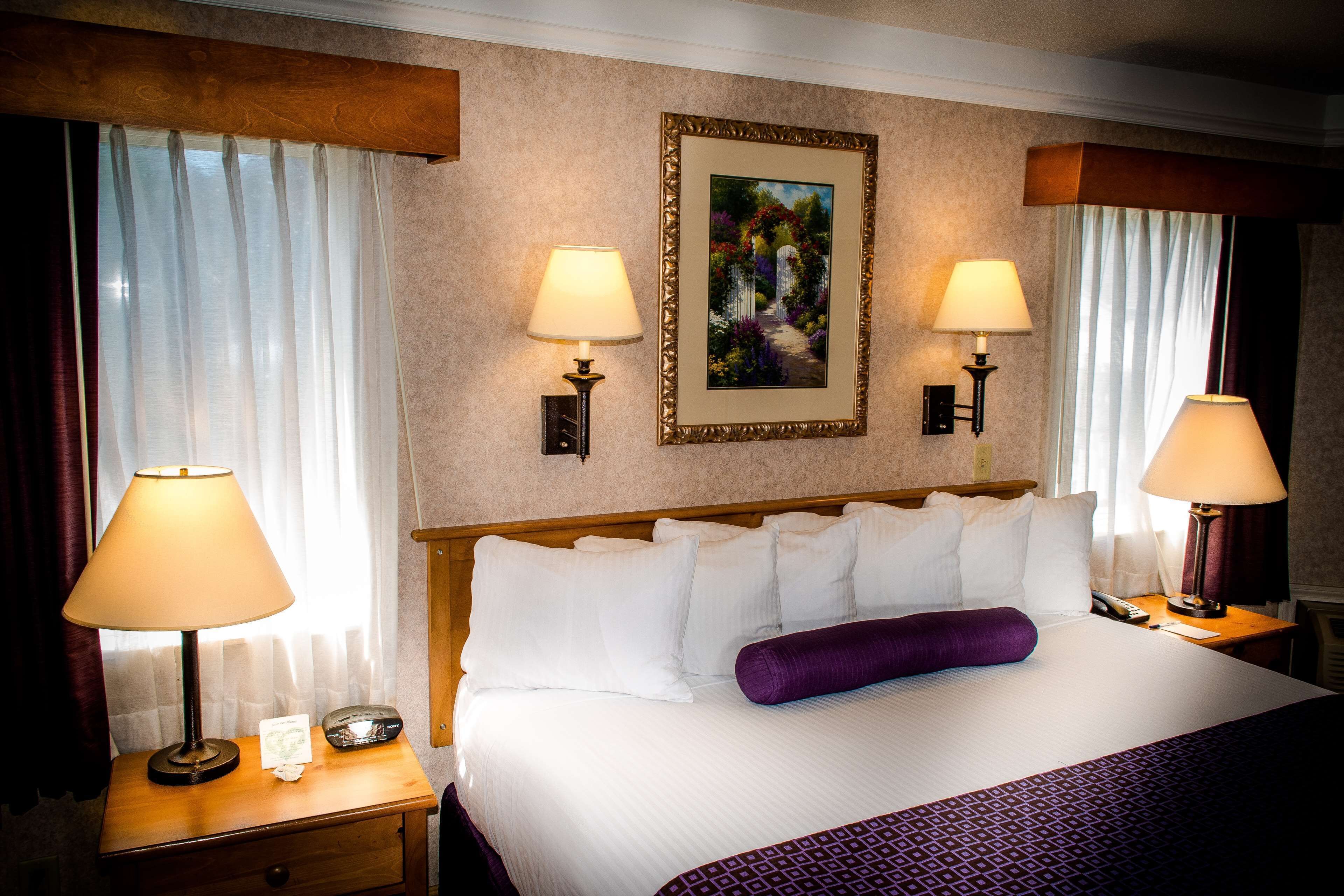 A hotel room with a large bed, two bedside lamps, a framed picture on the wall, and a window with sheer curtains.