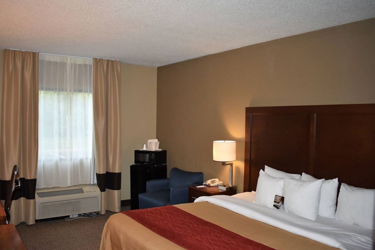 Ein Hotelzimmer mit einem Bett, einem Schreibtisch, einem Sessel, einer Lampe, einem Telefon und einer Mikrowelle.