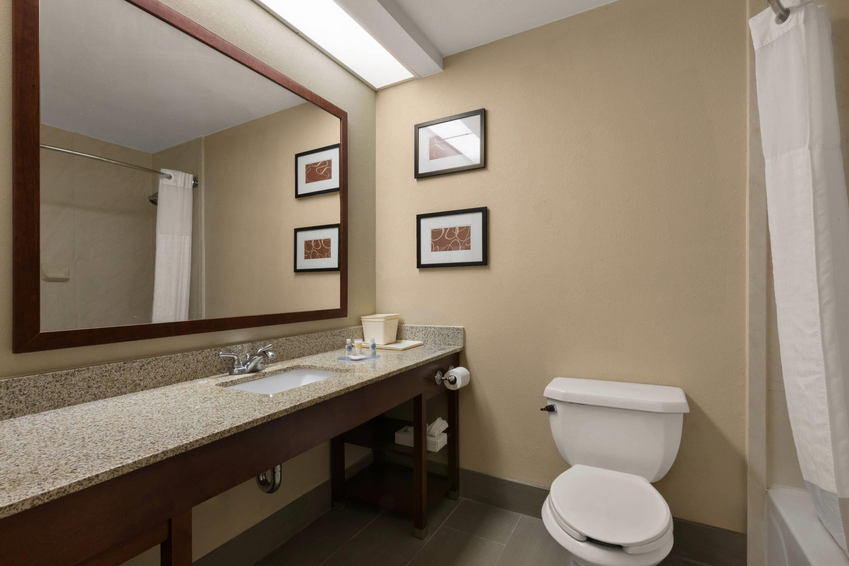 Un baño con lavamanos de encimera de granito, un espejo, un inodoro y cuadros en la pared.