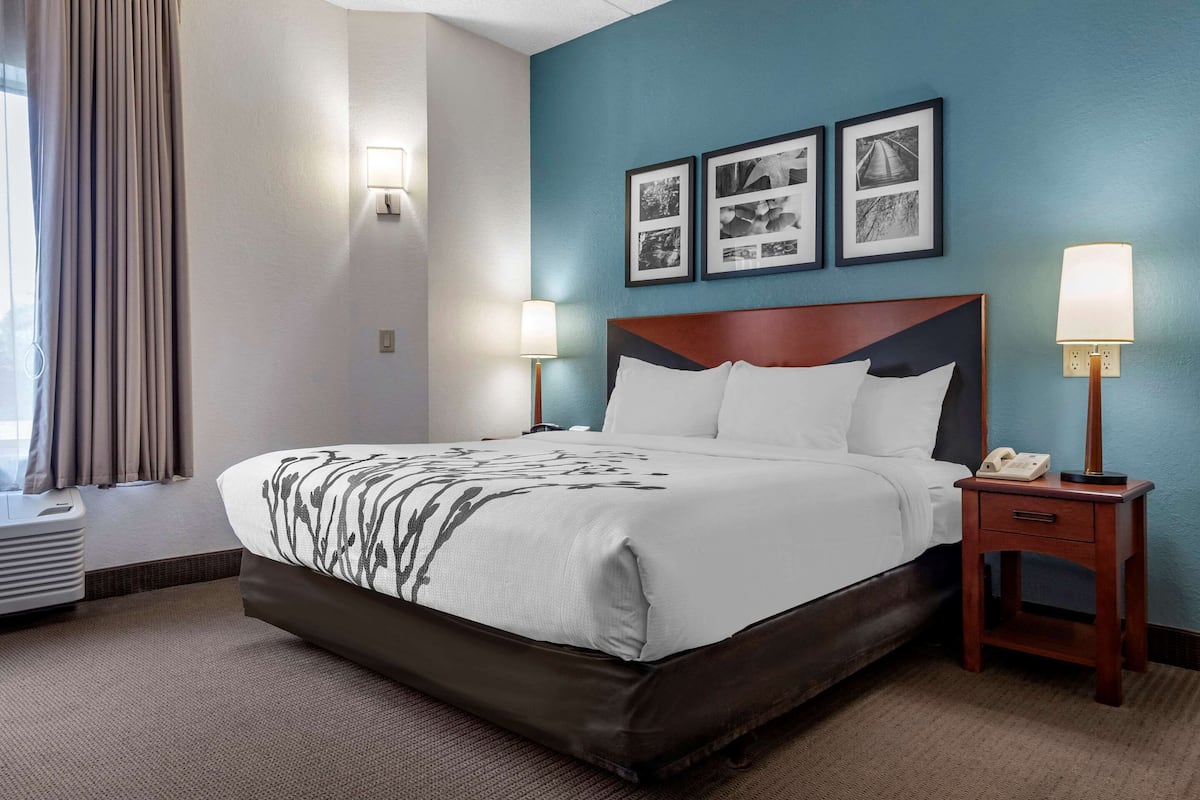 Quarto de hotel com uma cama grande, duas mesas de cabeceira com abajures, um telefone fixado na parede e quadros decorativos.