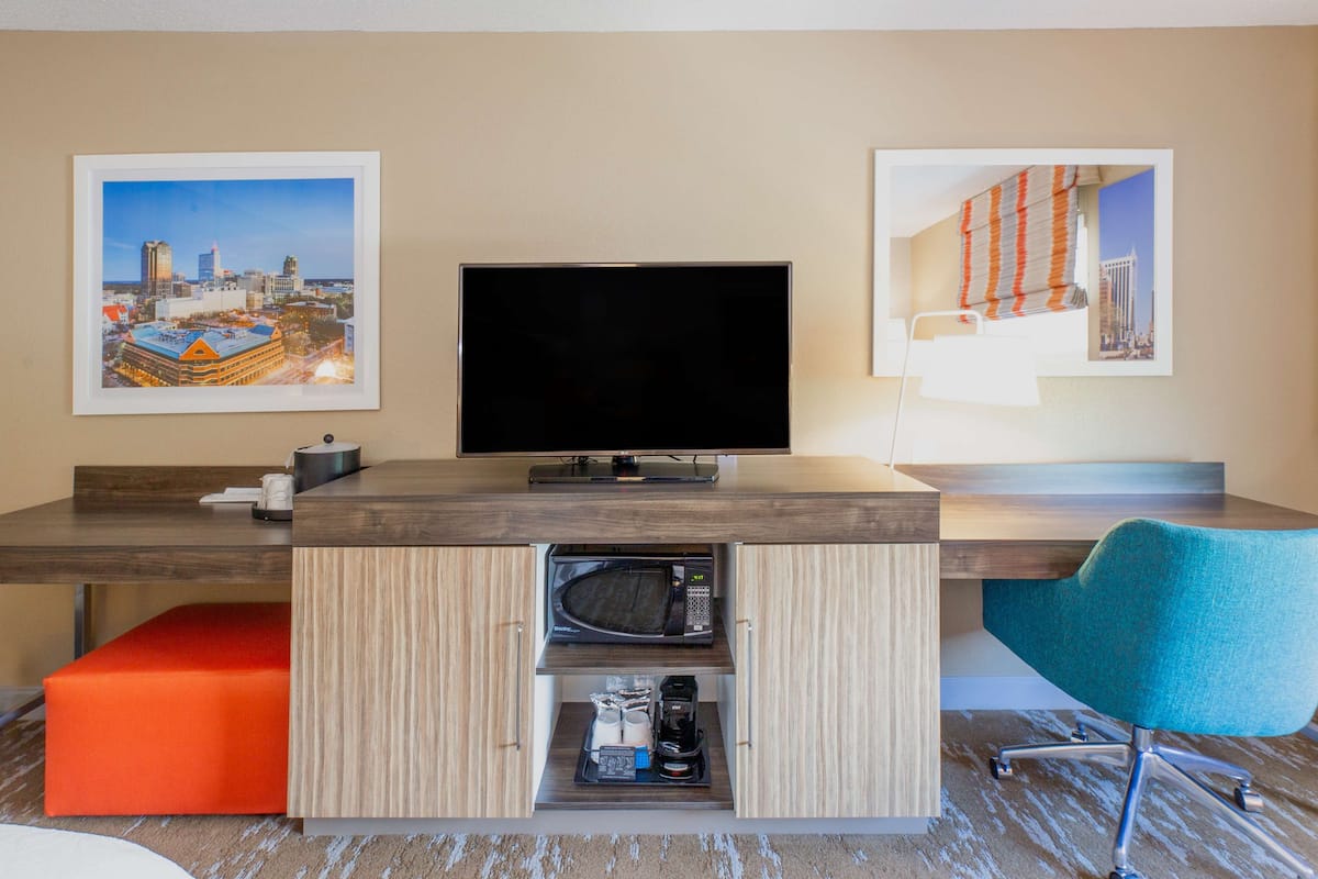 1 bedroom, desk, blackout curtains, iron/ironing board