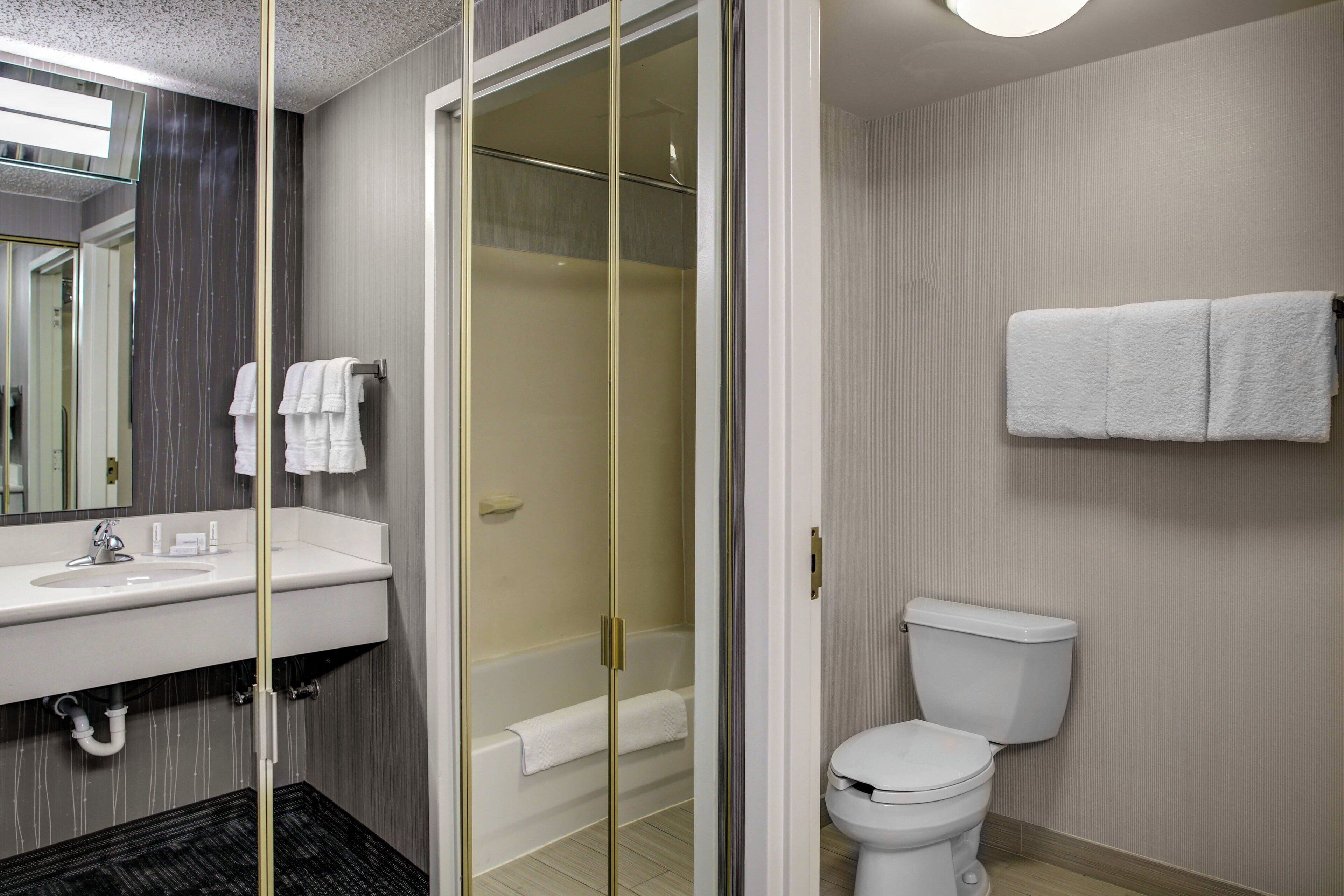 combined shower/bathtub, free toiletries, hair dryer, towels