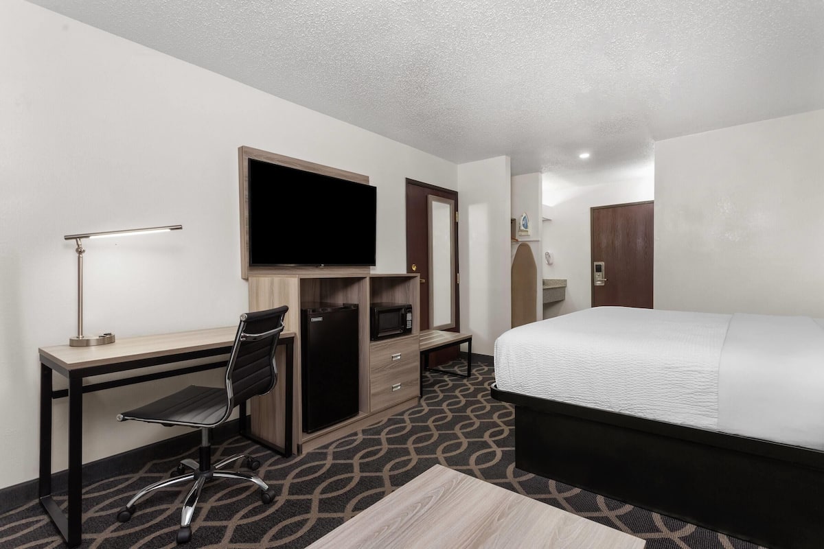 Habitación de hotel con cama, escritorio, silla, televisión y armario.