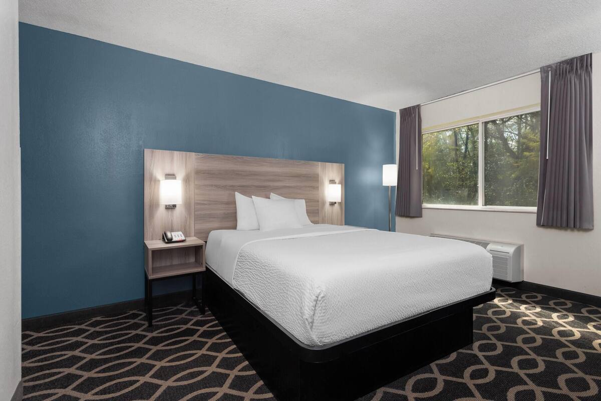 Habitación de hotel con una cama grande, una mesita de noche, un escritorio, una ventana con cortinas y una alfombra estampada.
