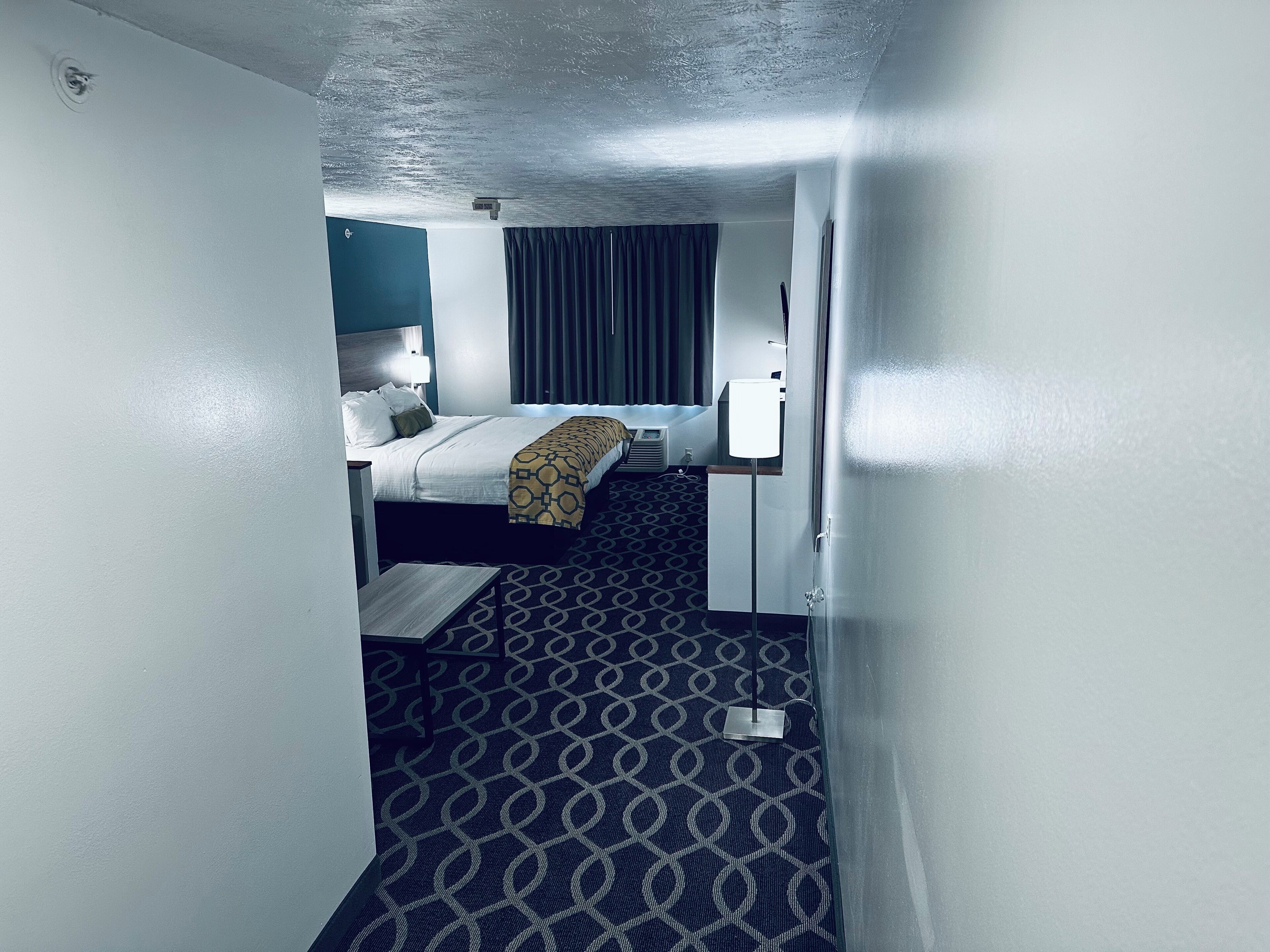 Habitación de hotel con cama, mesita de noche, lámpara y alfombra estampada.