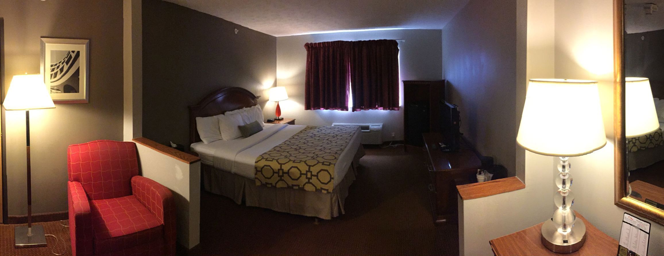 Desk, laptop workspace, iron/ironing board, free cribs/infant beds