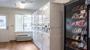 Une buanderie équipée de plusieurs lave-linge et sèche-linge, d’un distributeur automatique de collations et d’une fenêtre laissant entrer la lumière naturelle.