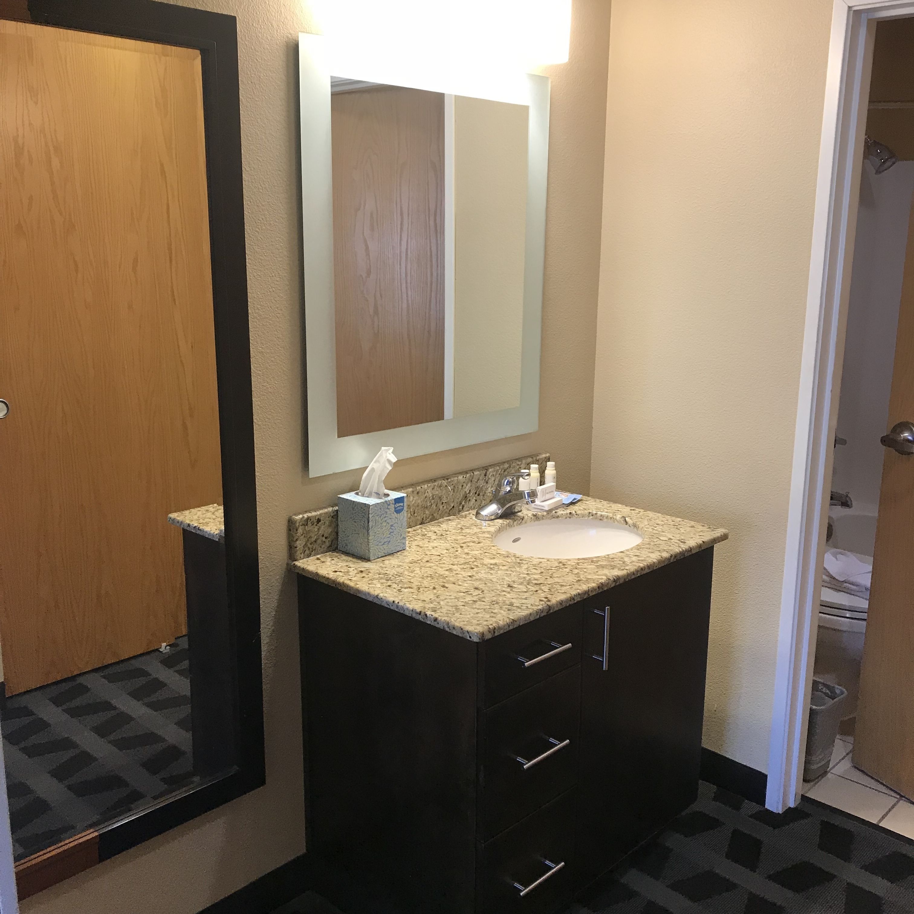 combined shower/bathtub, free toiletries, hair dryer, towels