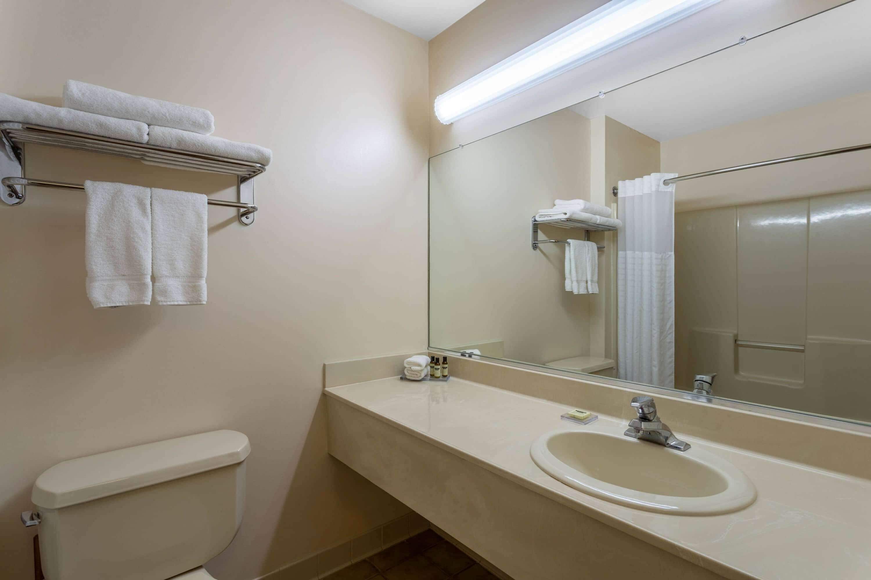 A bathroom with a toilet, sink, mirror, and towel rack.