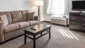 A hotel room with a sofa, a table, a lamp, an air conditioner, a TV, and a window with curtains. - MainStay Suites Pittsburgh Airport (Pittsburgh)