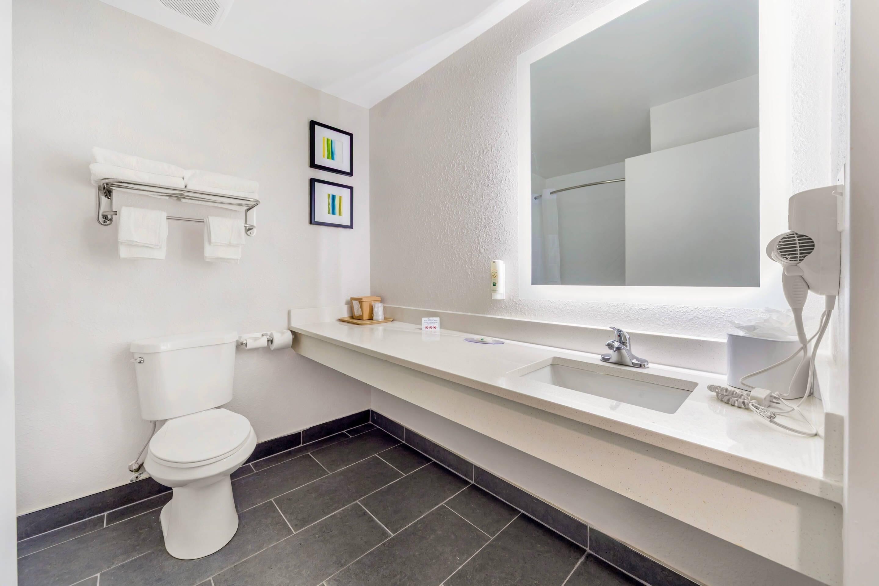 Un baño moderno con inodoro, lavamanos y un espejo grande.