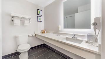 Un baño moderno con inodoro, lavamanos y un espejo grande.