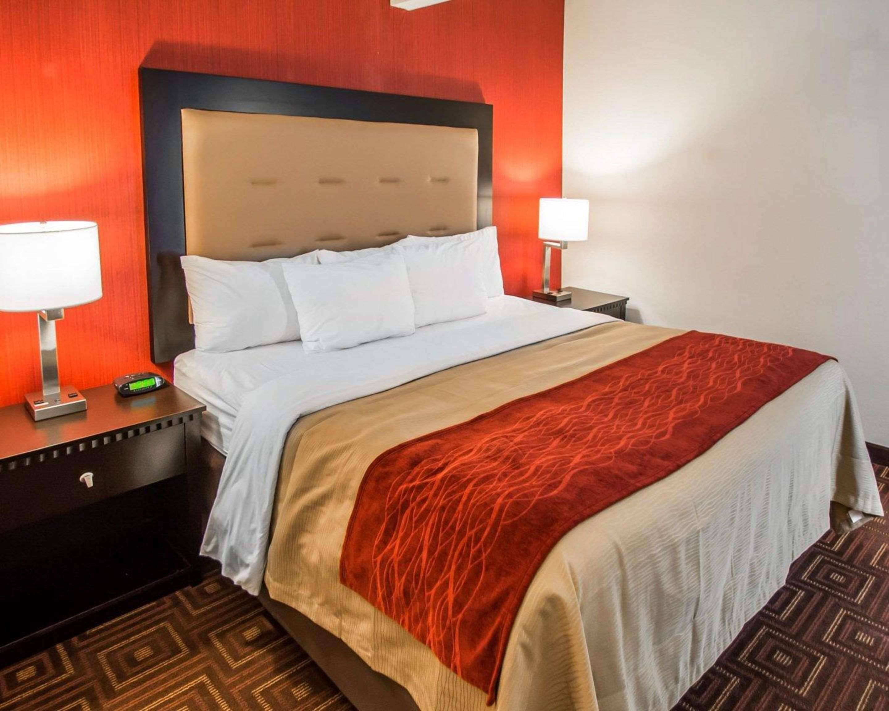 Une chambre d’hôtel avec un grand lit, deux tables de chevet, un mur d’accent rouge et une moquette à motifs.