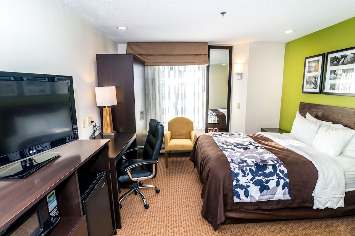 Une chambre d’hôtel avec un lit, un bureau avec une télévision, une chaise et un miroir.