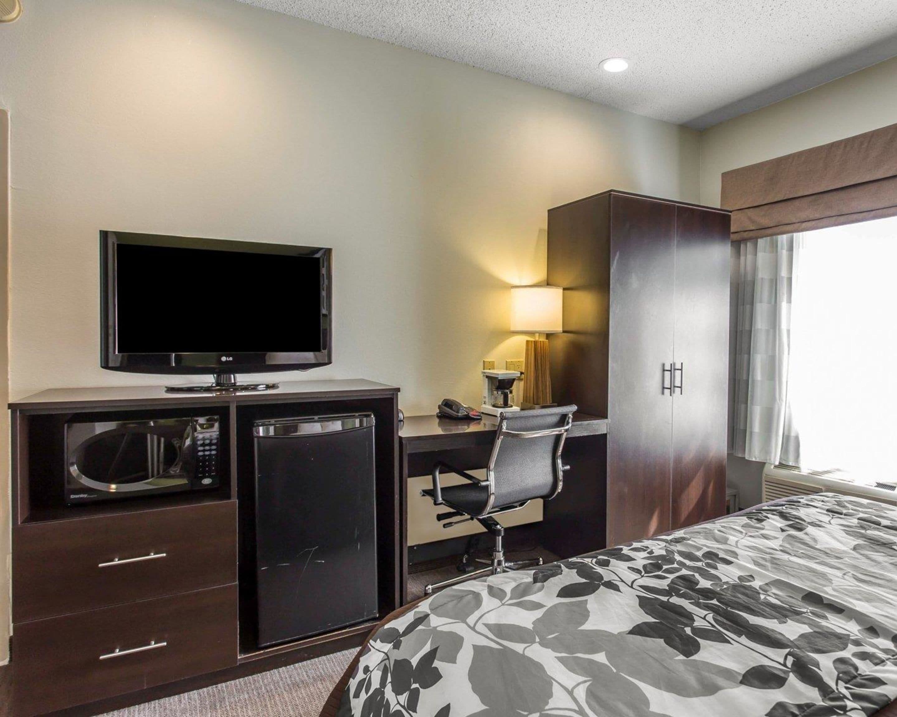 A hotel room with a bed, a desk with a chair, a television, a microwave, a lamp, and a wardrobe.