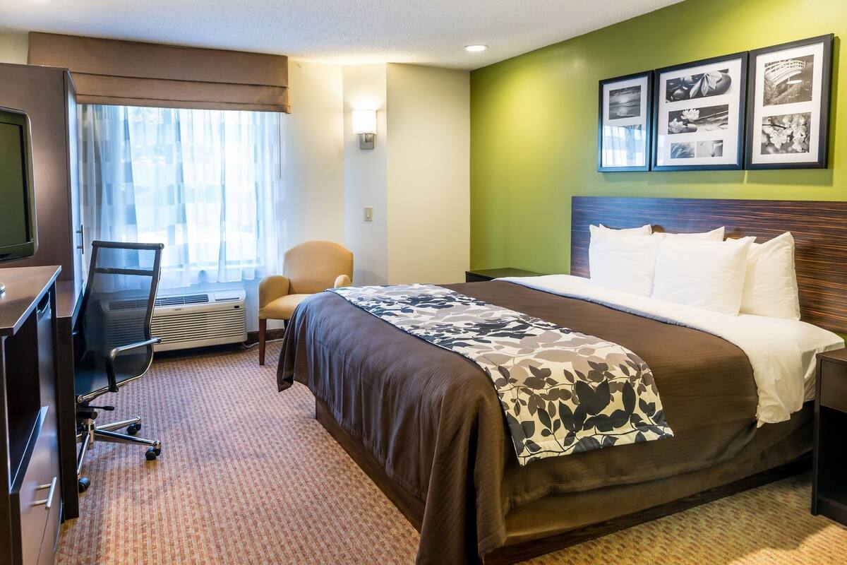 Une chambre d’hôtel comprenant un lit, un bureau avec une chaise, une télévision et une fenêtre avec des rideaux.