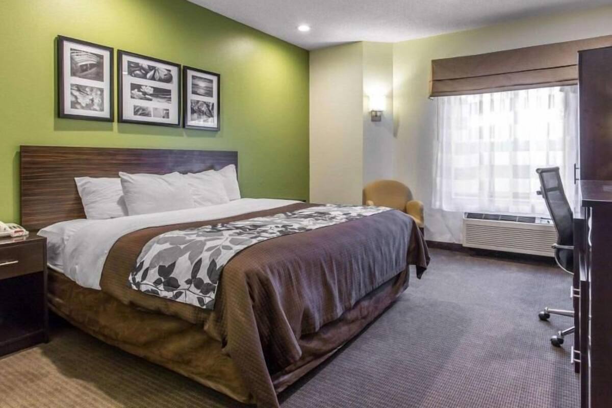 Une chambre d’hôtel avec un lit, un bureau, une chaise et un téléviseur.
