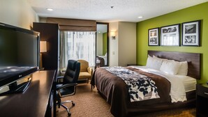 Quarto de hotel com uma cama, uma mesa de trabalho com televisão, uma cadeira e um espelho.
