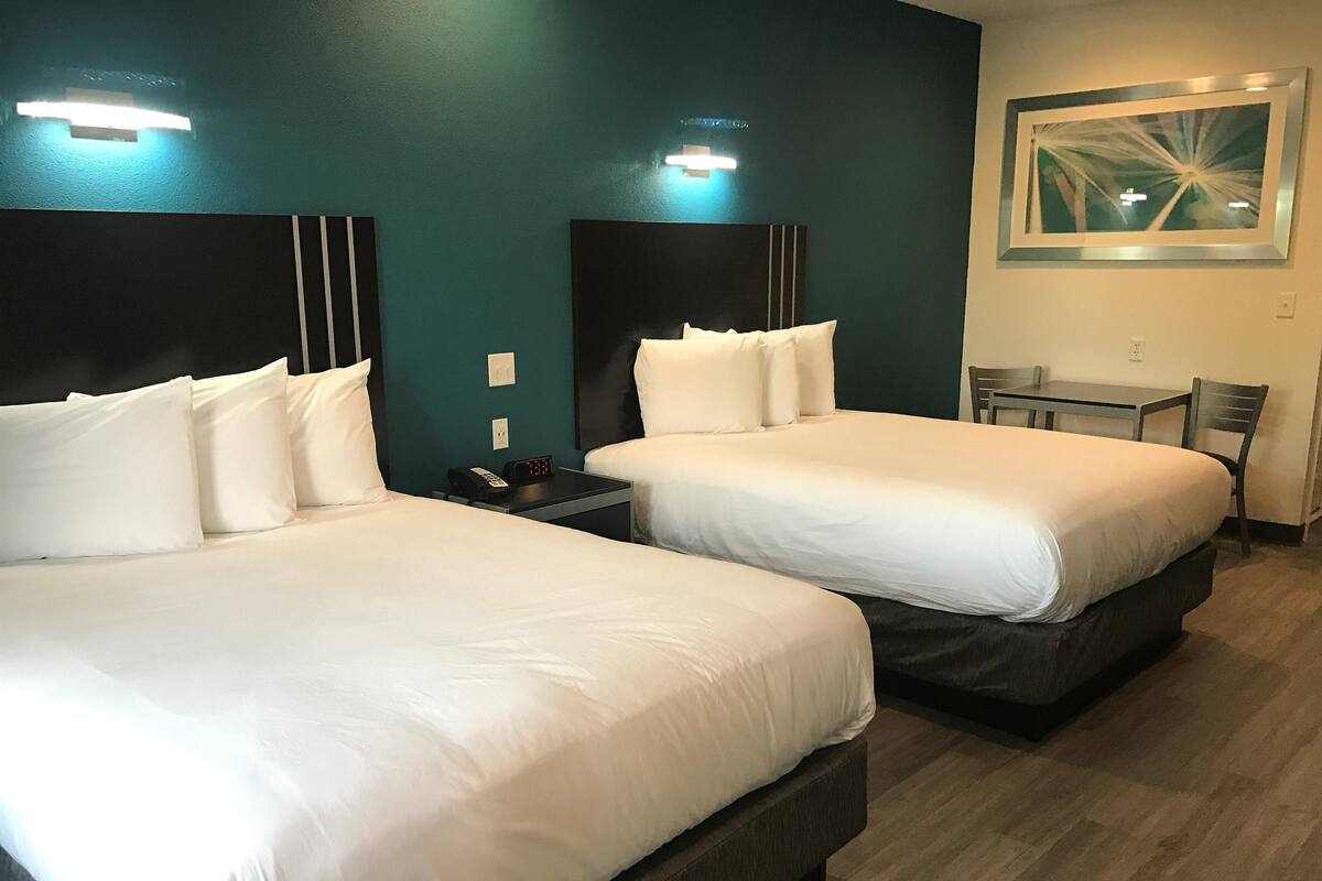 Deux lits avec du linge de lit blanc, une petite table et une chaise dans une pièce aux murs de couleur turquoise et au plancher en bois.