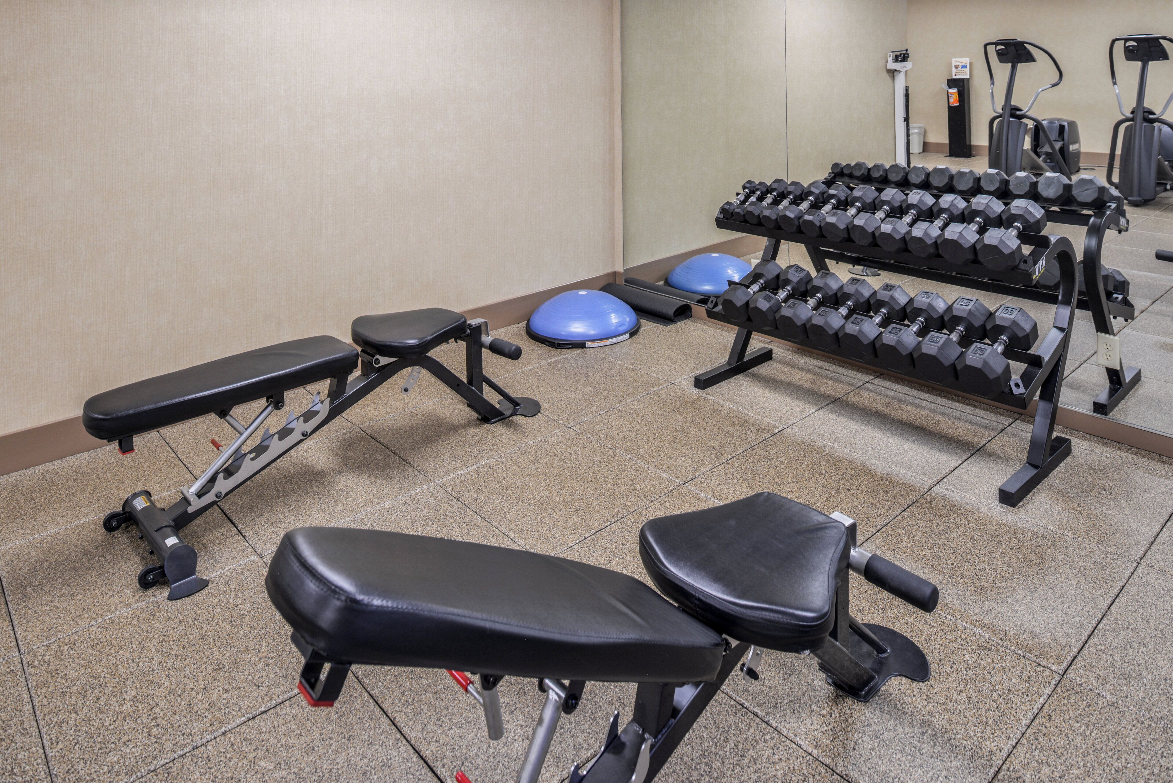 A gym with exercise equipment including benches, dumbbells, and exercise balls.
