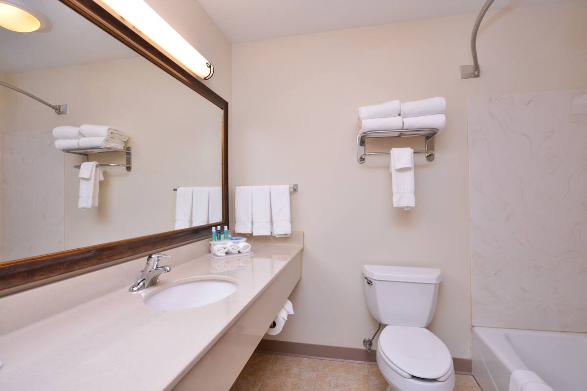 A modern bathroom with a sink, mirror, toilet, and bathtub.