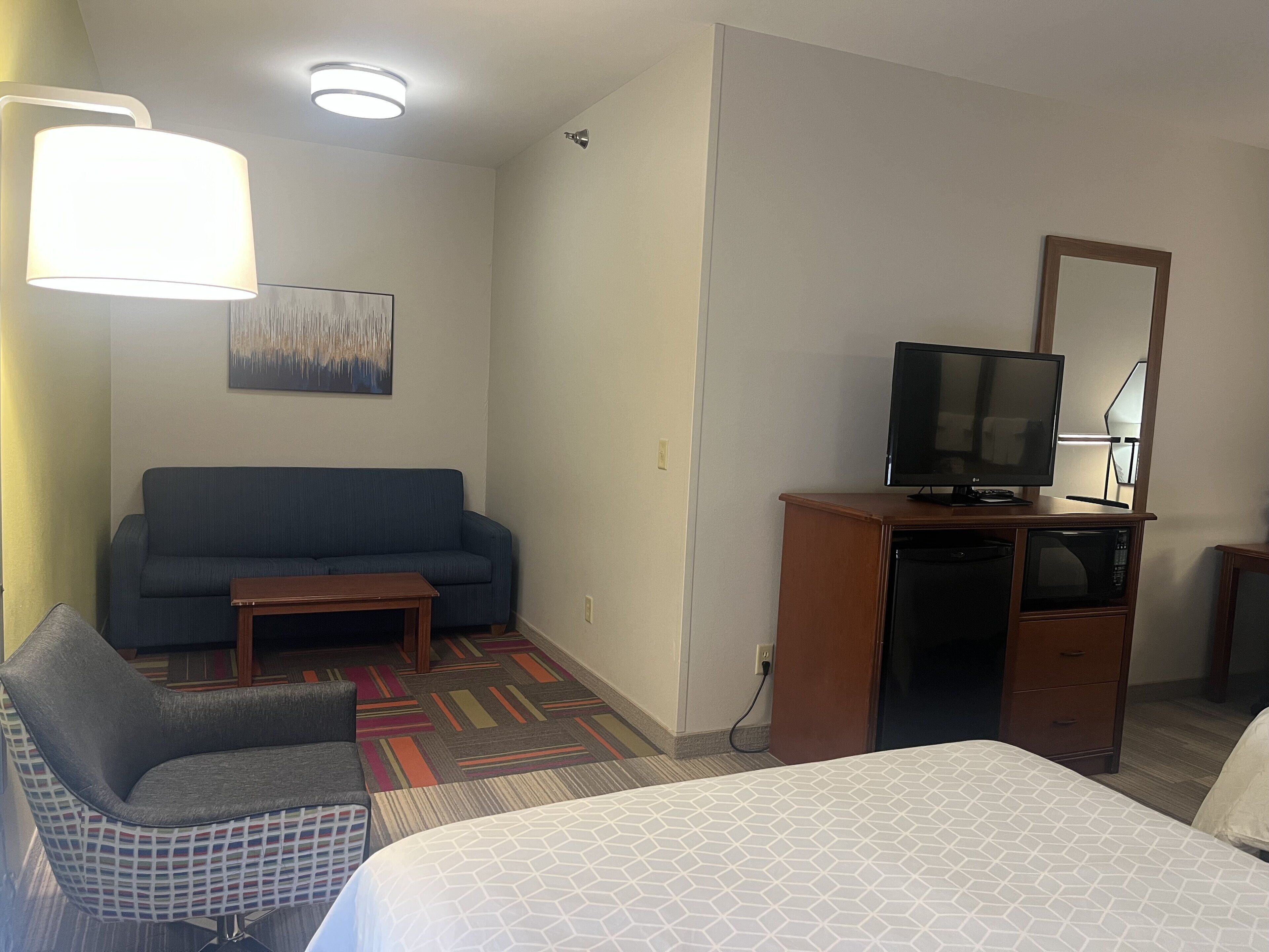 Una habitación de hotel con cama, sofá, escritorio con televisor y una silla.