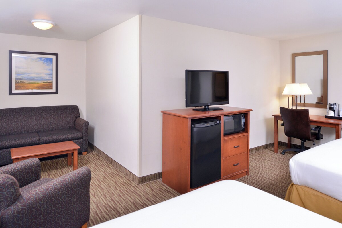 Una habitación de hotel con una cama, un sofá, un escritorio con lámpara, un televisor y un microondas.