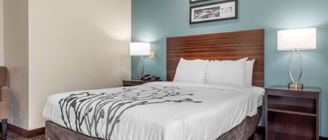 A hotel room with a large bed, two bedside lamps, a nightstand, and a chair.