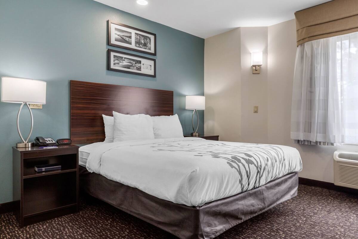 A hotel room with a large bed, two bedside tables, a nightstand, a wall-mounted lamp, a framed picture, and a window with curtains.