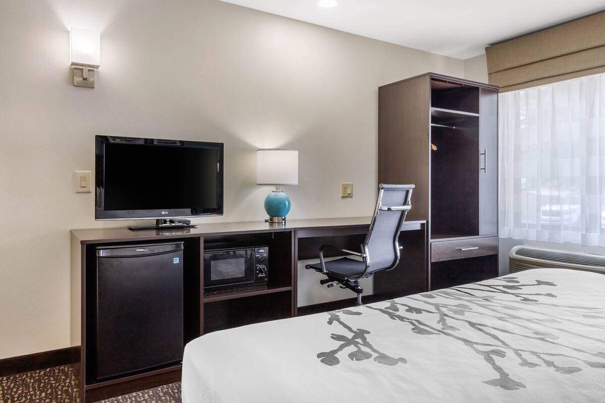 Habitación de hotel con cama, televisión, escritorio con computadora, silla, lámpara y armario.