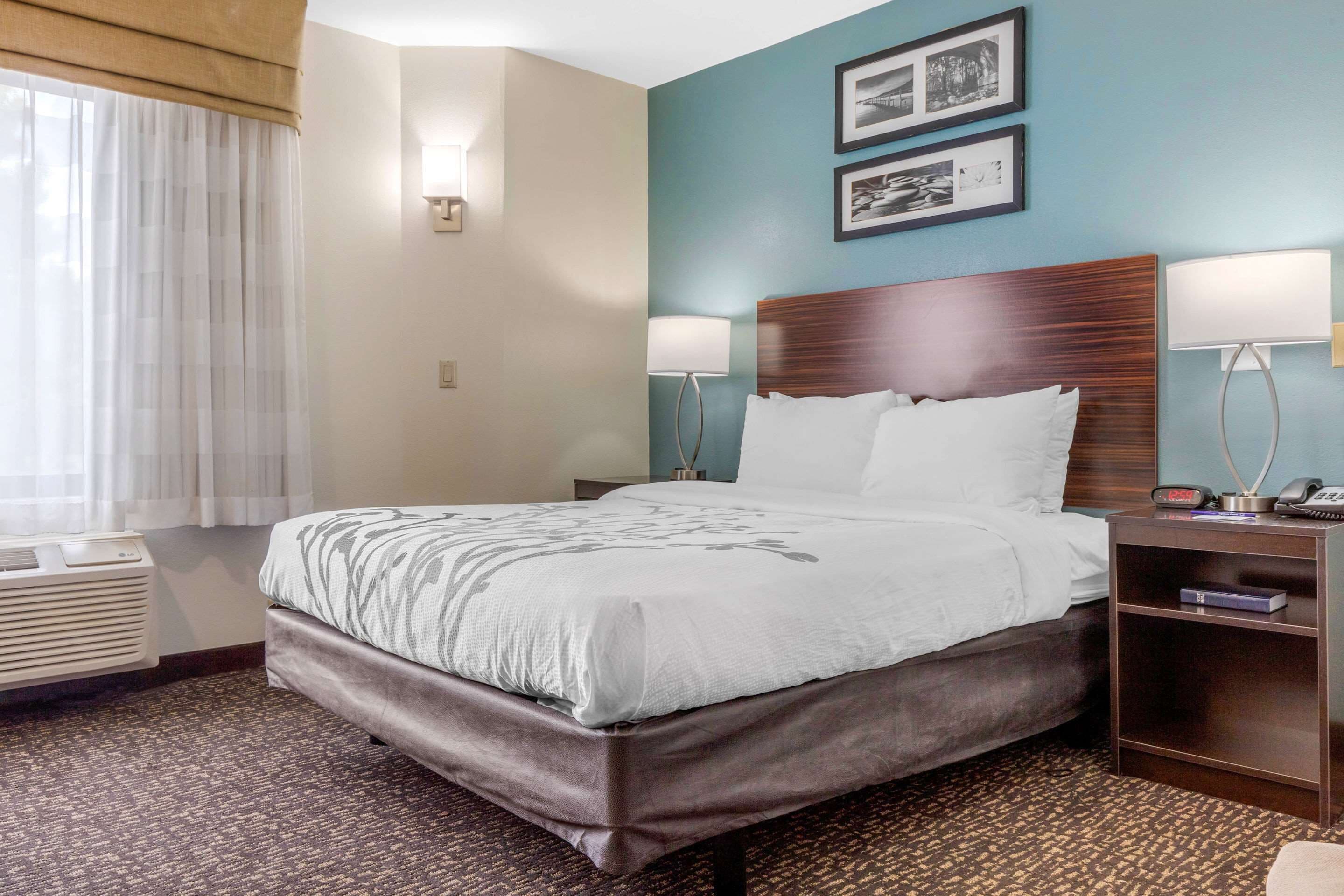 Habitación de hotel con una cama grande, dos lámparas de noche, una mesita de noche y un aire acondicionado de pared.