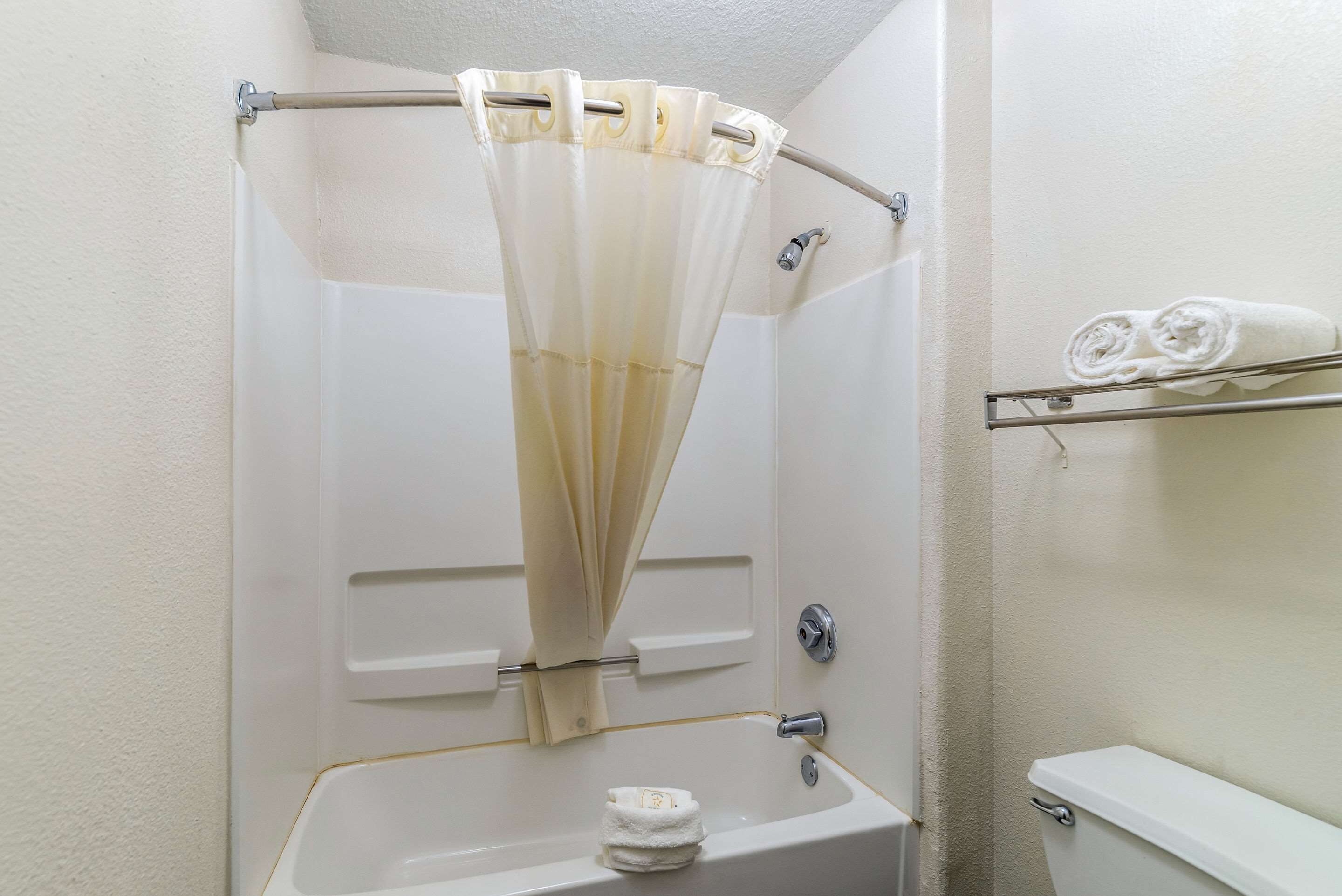 Une salle de bain avec un rideau de douche, un porte-serviettes avec des serviettes et des toilettes.