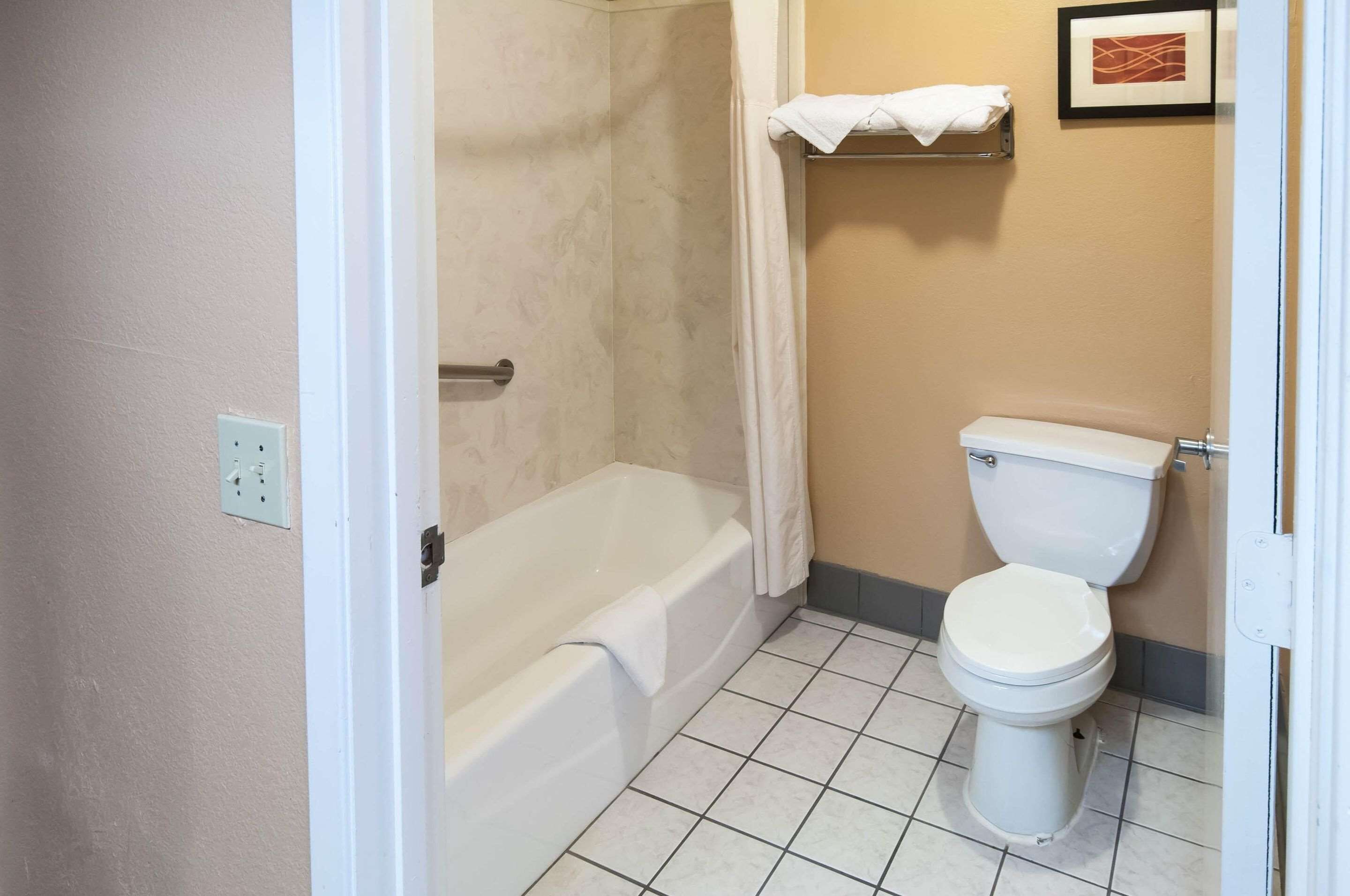 Een badkamer met een bad, toilet en douchegordijn.