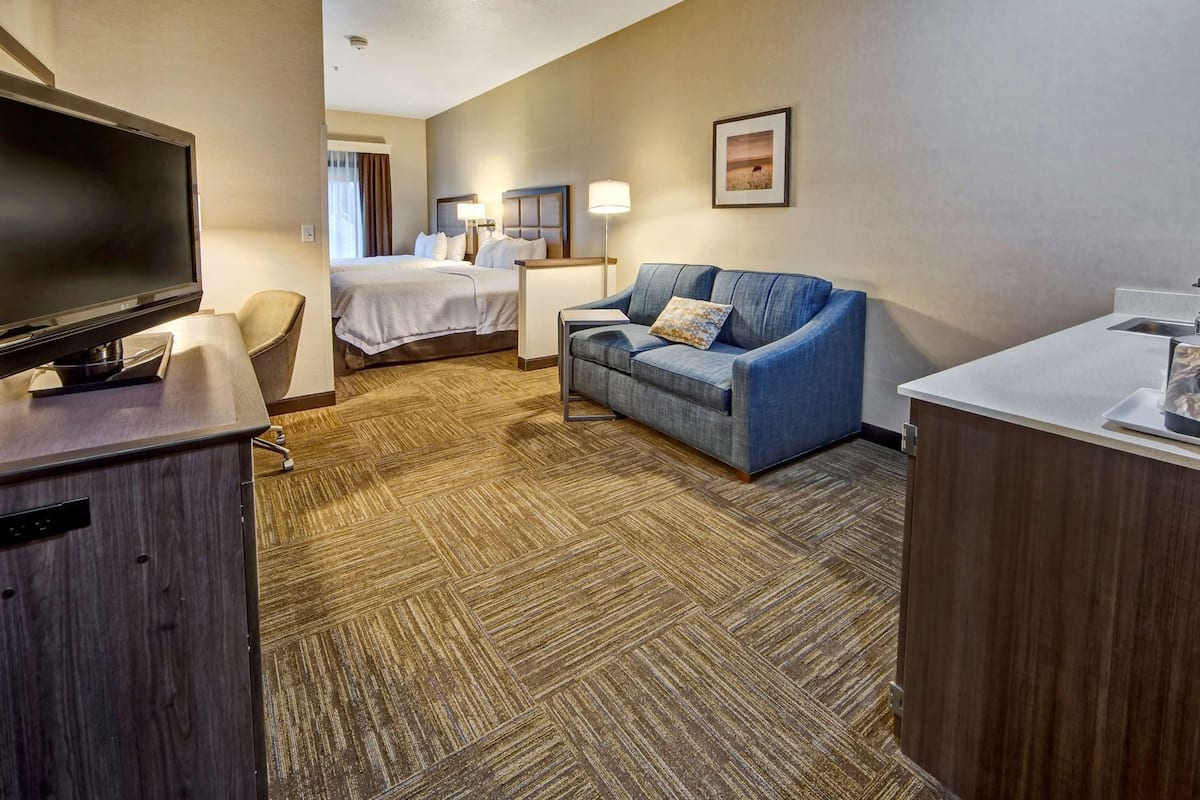 A hotel room with a bed, a sofa, a TV, a desk, and a bathroom.