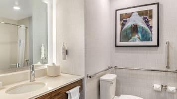A bathroom with a sink, mirror, toilet, and a framed picture on the wall.