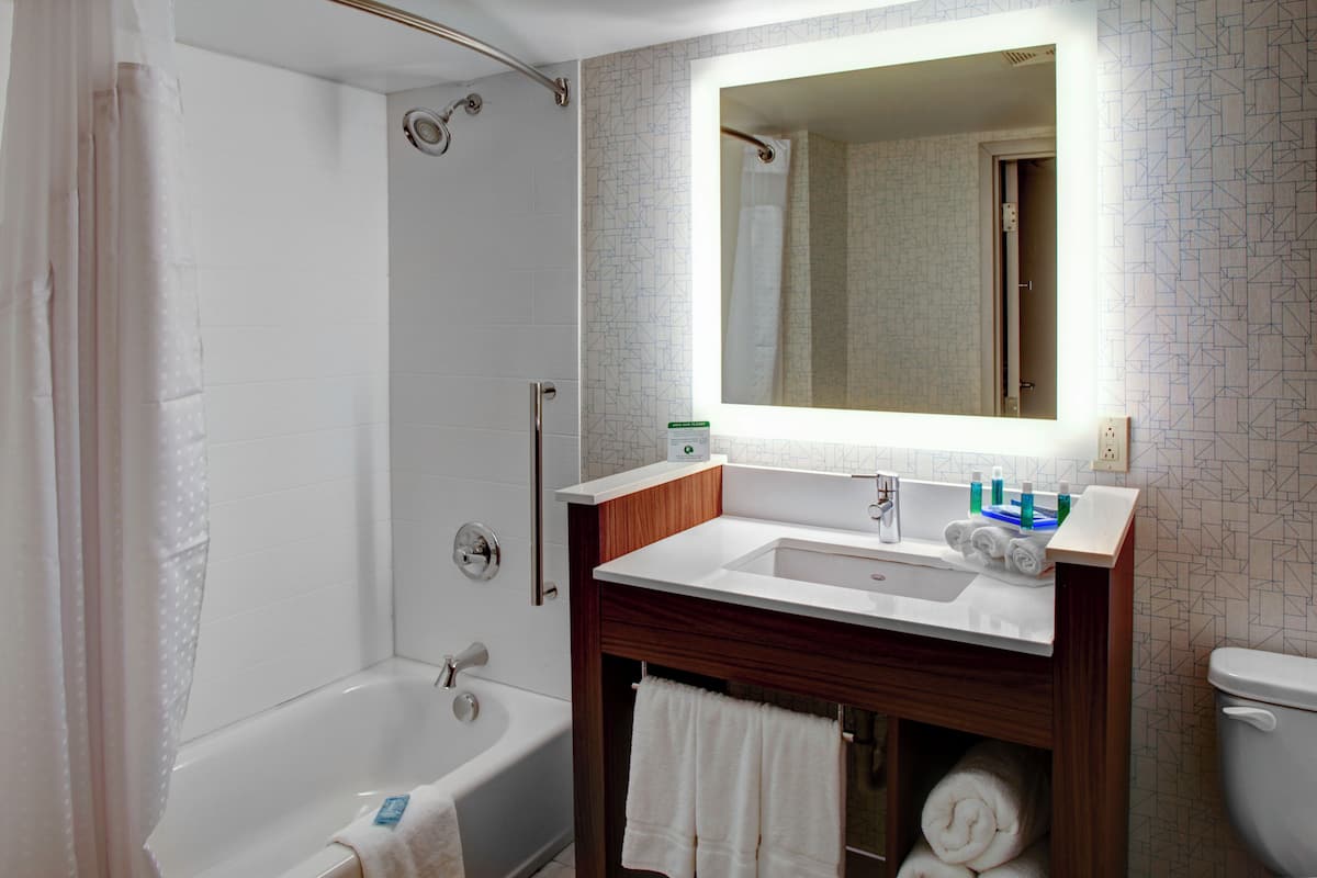A bathroom with a bathtub, a sink with a mirror above it, and a toilet.