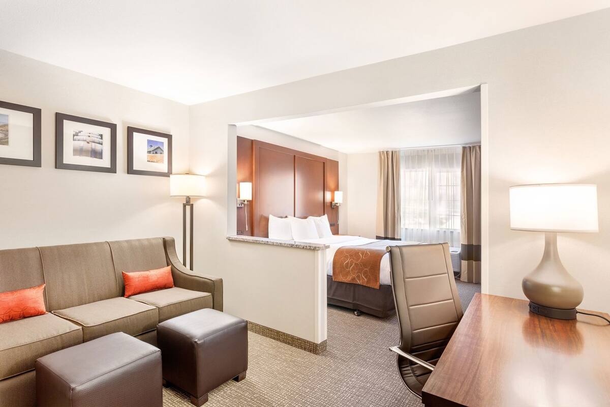 A hotel room with a bed, a sofa, a chair, a desk, and a lamp.