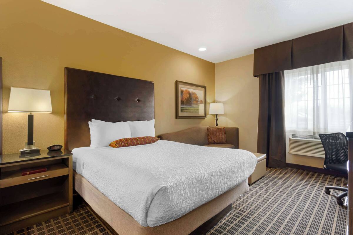 Une chambre d’hôtel avec un grand lit, deux tables de chevet avec des lampes, une chaise et une fenêtre avec des rideaux.