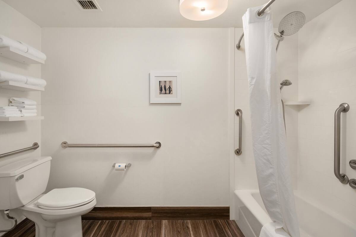 A bathroom with a toilet, a shower with a curtain, a handrail, and a framed picture on the wall.