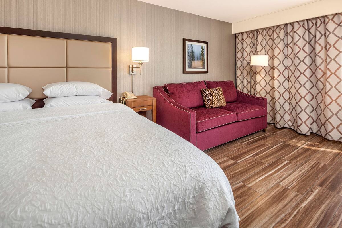 A hotel room with a large bed, a red sofa, a nightstand, and a patterned curtain.