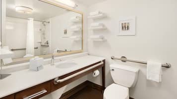 A modern bathroom with a large mirror, a sink, a toilet, and towel racks.