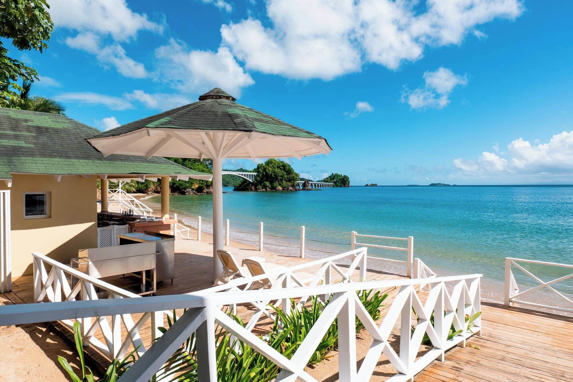 Plage, chaises longues, parasols