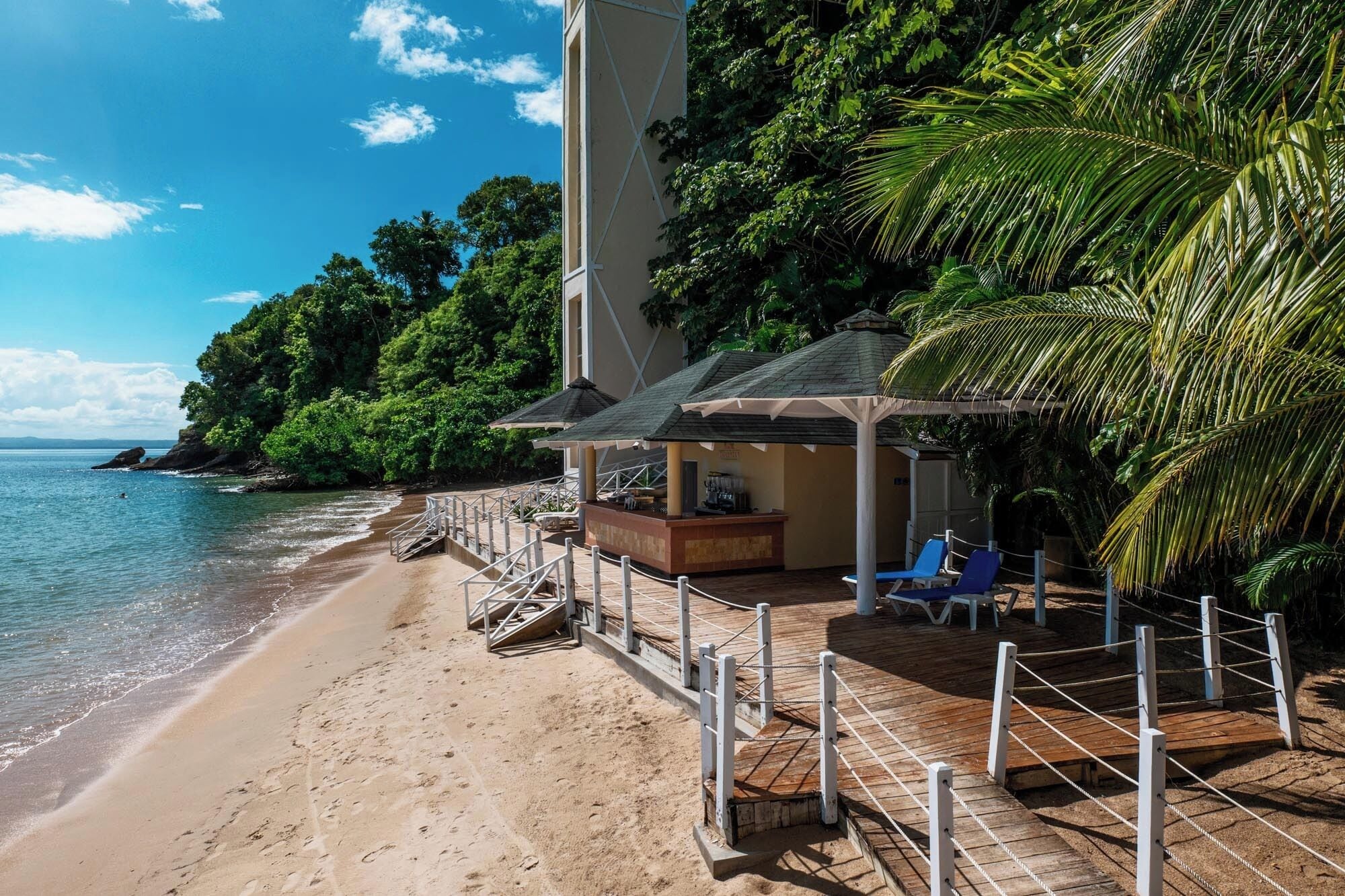 On the beach, sun loungers, beach umbrellas